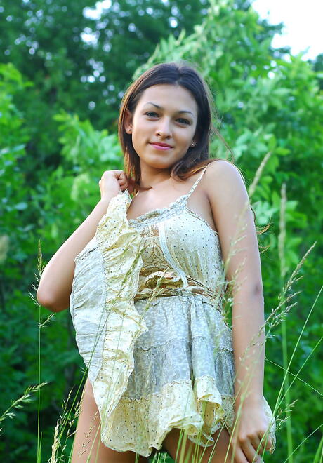 Sexy dark hair youthful Sofi A baring big titties and cute pussy outside