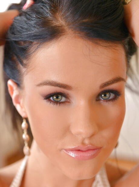 Sylphlike american brunette Megan Rain in undies revealing tiny tits and spreading her legs 