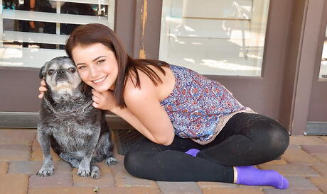 Slender american dark hair teen Kylie Quinn unveiling tiny tits and playing with toy outside