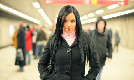 Enticing czech brunette cutie Ashley Bulgari in sexy skirt exposes big hooters and nice pussy outdoor