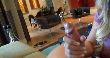 Sultry american blonde wife Sandra Otterson well sucking cock and takes a messy cum shot 