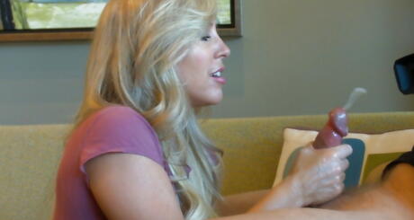 Sultry american blonde wife Sandra Otterson well sucking cock and takes a messy cum shot 