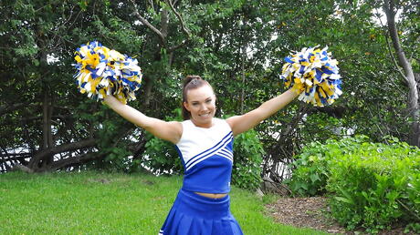 Luscious american young Tiff Bannister in uniform showing big hooters and masturbating outside