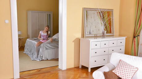 Hot british blonde teen Chloe Toy exhibits her ass in sexy skirt and plays with dildo 