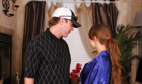 Hot brunette Sophia A in sexy underwear sucking hot dick and gets a cum shot on face in bathroom