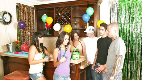 Shapely american young Amia Miley in tight jeans fucked hard after sucking big rod in the club