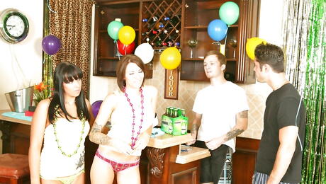 Shapely american young Amia Miley in tight jeans fucked hard after sucking big rod in the club