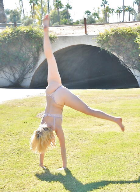 Sexy american blond young Arya Fae in sexy undies bares small tits and pussy outside