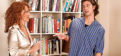 Excellent american red-haired cougar Demi La Rue in glasses take in mouth dick and takes a cum blast on her face 