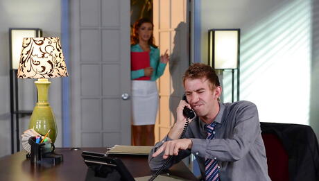 Sexy american teen Karter Foxx in fancy skirt hard fucked after sucking big dick in office