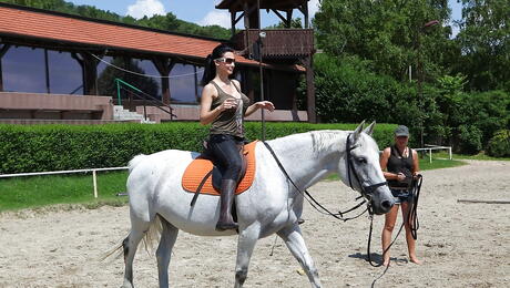 Sexy hungarian pornstar Aletta Ocean in sexy glasses posing outdoor