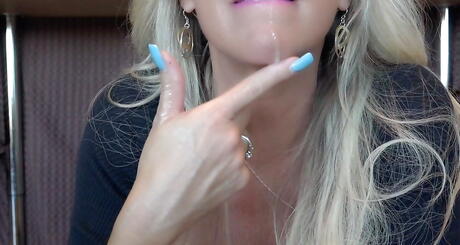 Charming american housewife Sandra Otterson blows on cock and takes a cumshot in her mouth 