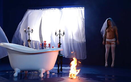 Enticing american babe Karmen Karma shows big boobies and spreads her legs in the bathroom