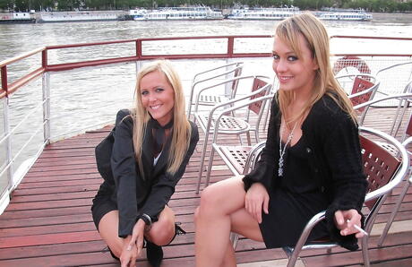 Sultry girls Sophie Moone and Blue Angel exposes hot bodies outside