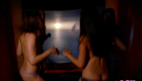 Curious women Mia Li and her girlfriend licking hot pussies in the hot lesbian sex in the night club