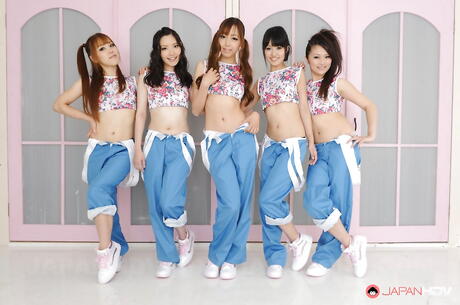 Cute asian teens posing in jeans and then undressing and waiting for orgy