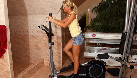 Svelte british blond youthful Natalia Forrest in fancy shorts spreading bald pussy 