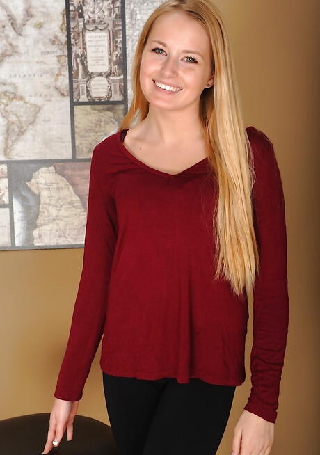 Excellent american blonde teen Scarlett Sage in hot panties revealing tiny tits and bald pussy 