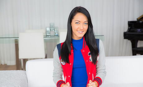 Very attractive american teen Sabrina Banks exposing big knockers and spreading her legs 