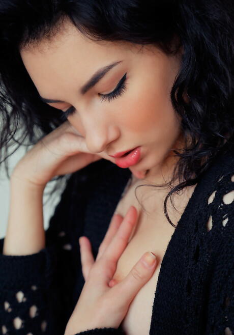 Excellent dark hair young Caddy A reveals small tits and jerks off 