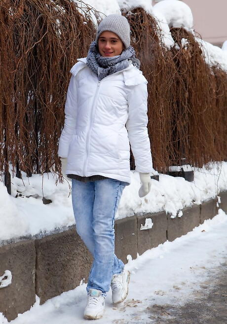 Hot dark-haired youthful Penelope B in jeans likes foot fetish outdoor