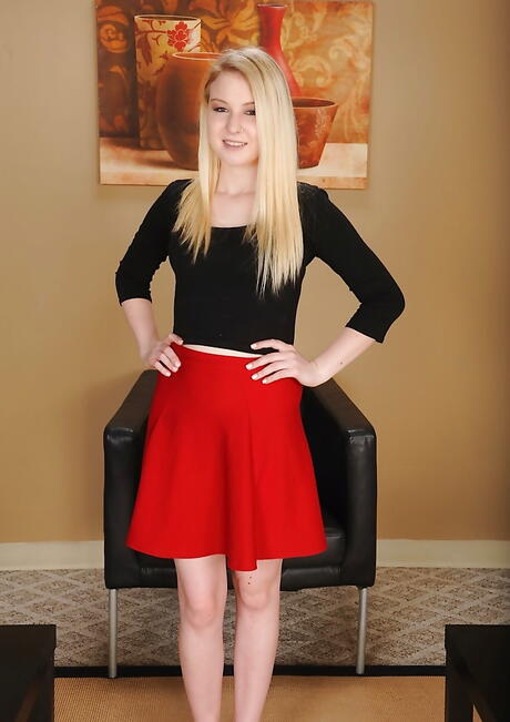 Sexy american blond youthful Sophie Sativa unveiling tiny tits and bald pussy 