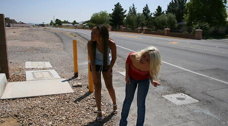 Slender hotties Jaslin Diaz and Aubrey Addams enjoy hot groupsex action near the pool