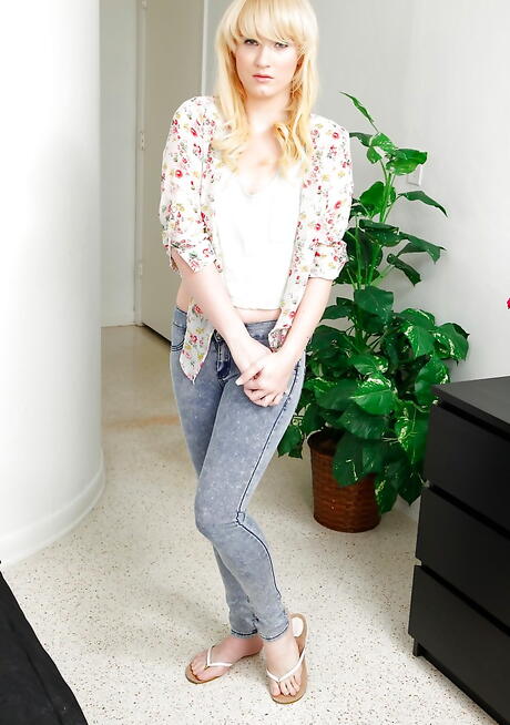 Gracile american blonde youthful Lila Rose in sexy jeans exhibiting her ass and spreading her legs 
