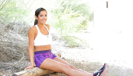 Stunning american dark hair teen Chloe Amour in fancy shorts exhibits big tits and loves dildo outdoor