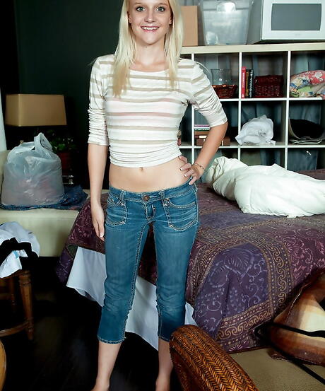 Rangy blonde youthful Stacy Kiss bares tiny tits and jerks off 