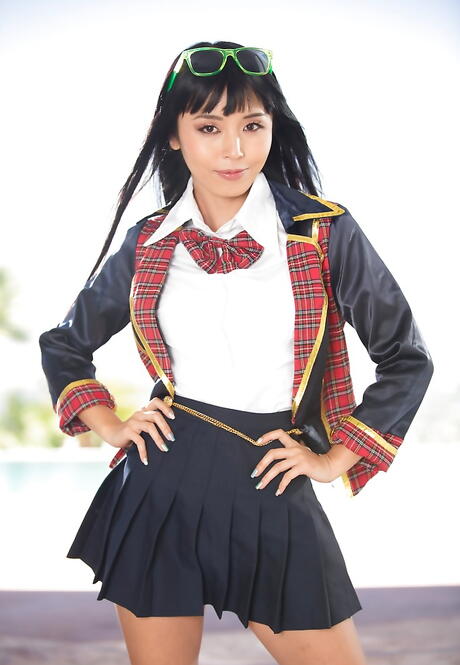 Stunning asian bombshell Marica Hase in uniform outfit bares her ass outdoor