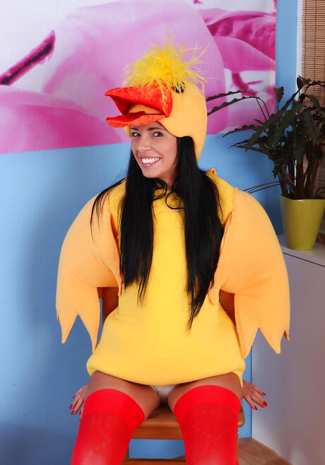 Curious czech dark-haired Gina Devine in cosplay costume baring her ass and toying her snatch 