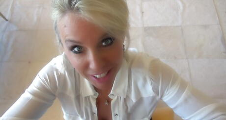 Curious american blonde homemaker Sandra Otterson blows on dick and enjoys a cumshot in her mouth 