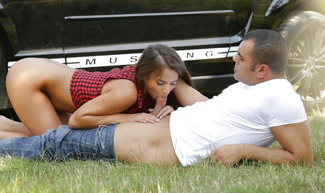 Excellent hungarian Amirah Adara blows on cock outdoor