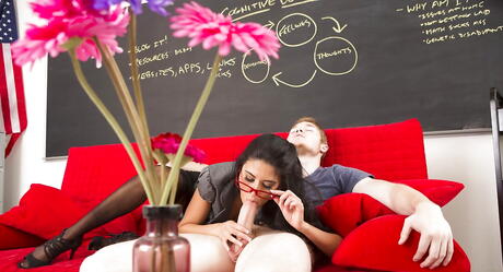 Curious american dark-haired milf Nikki Daniels try to deep sucking dick and takes a cum shot 