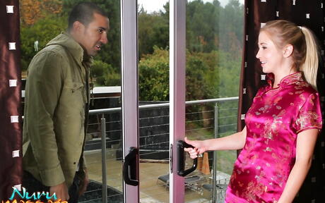 Very attractive american blonde Casi James blowing cock and enjoys a cum blast in mouth in shower