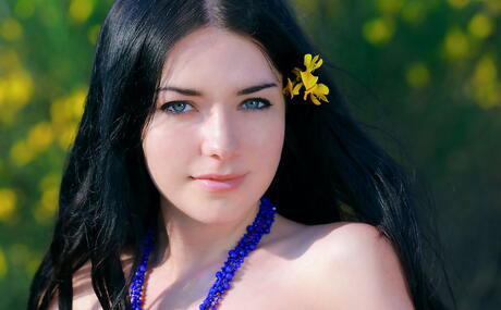 Very attractive dark hair youthful Olivia F showing tiny tits and bald pussy outside