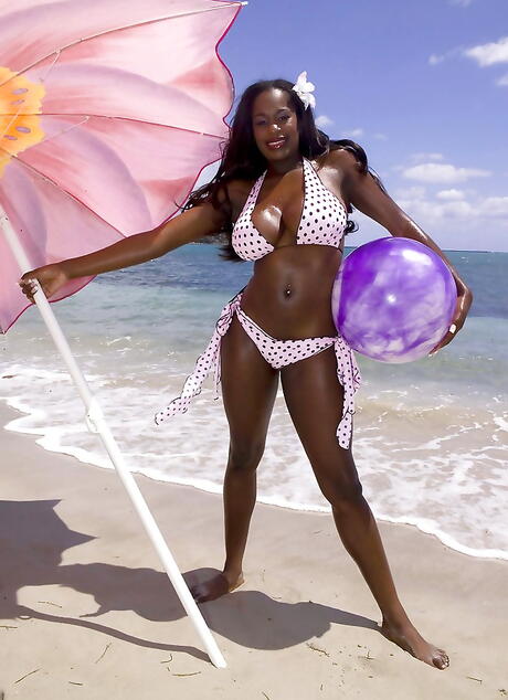 Lovely american milf Nikki Jaye exposing big boobies and playing with sex toy on the beach