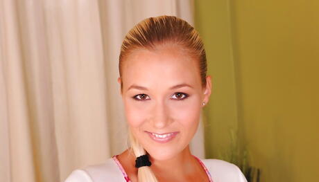 Gracile hungarian teen Misty Mild in nice skirt exhibiting her ass and shaved pussy 