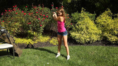 Excellent american teen Riley Reid revealing small tits and toying her pussy outdoor