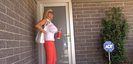 Facinating american blond wife Sandra Otterson take in mouth big dick and enjoys a cum blast in mouth 