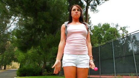 Sylphlike teen Bella Cole rammed in her bald pussy after good blowjob outdoor