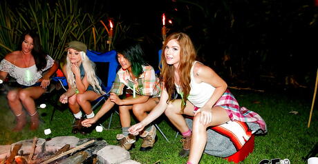 Sexy women Saya Song, Bella Jane and Mallory Madison take part in awesome orgy outdoor