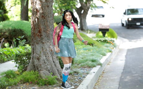 Sylphlike american dark-haired teen Sadie Pop in fancy skirt fucked in her shaved pussy after good suck outdoor