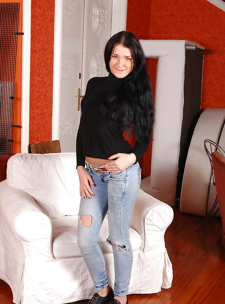 Slim russian dark-haired young Kitty Black in jeans exhibiting tiny tits and pussy 