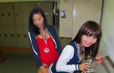 Stunning girls Alina Li and Marica Hase caressing each other 