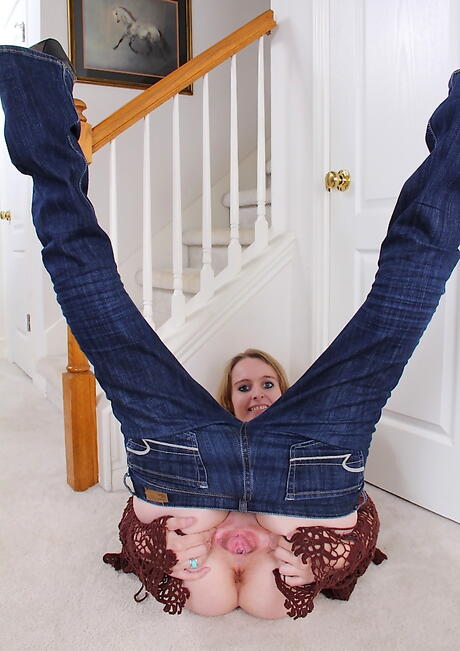 Sultry blonde older Annabelle shows big knockers and spreads her legs 