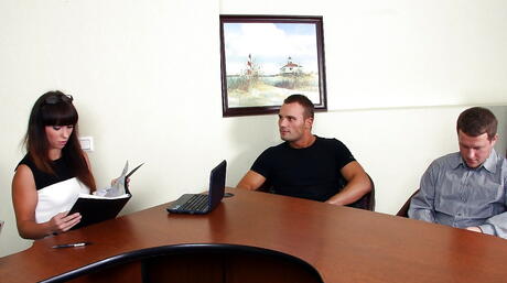 Very attractive russian dark-haired Alysa Gap in hot threesome scene in office