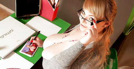 Peachy romanian redhead milf Micky Bells revealing big knockers and spreading her legs in office