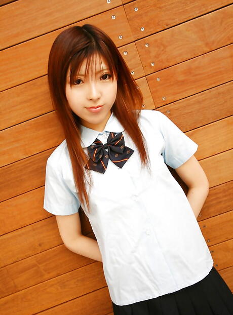 Rangy japanese teen Miyo in skirt exposing small tits and playing with toy 